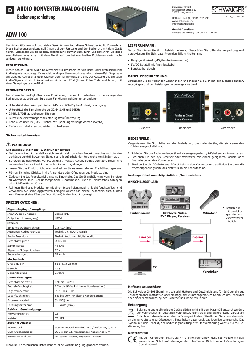 First page image of the manual for ADW100