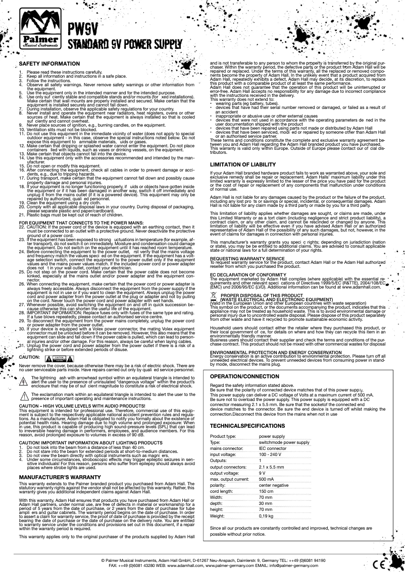 Page 1 of the manual User Manual Palmer PW9V