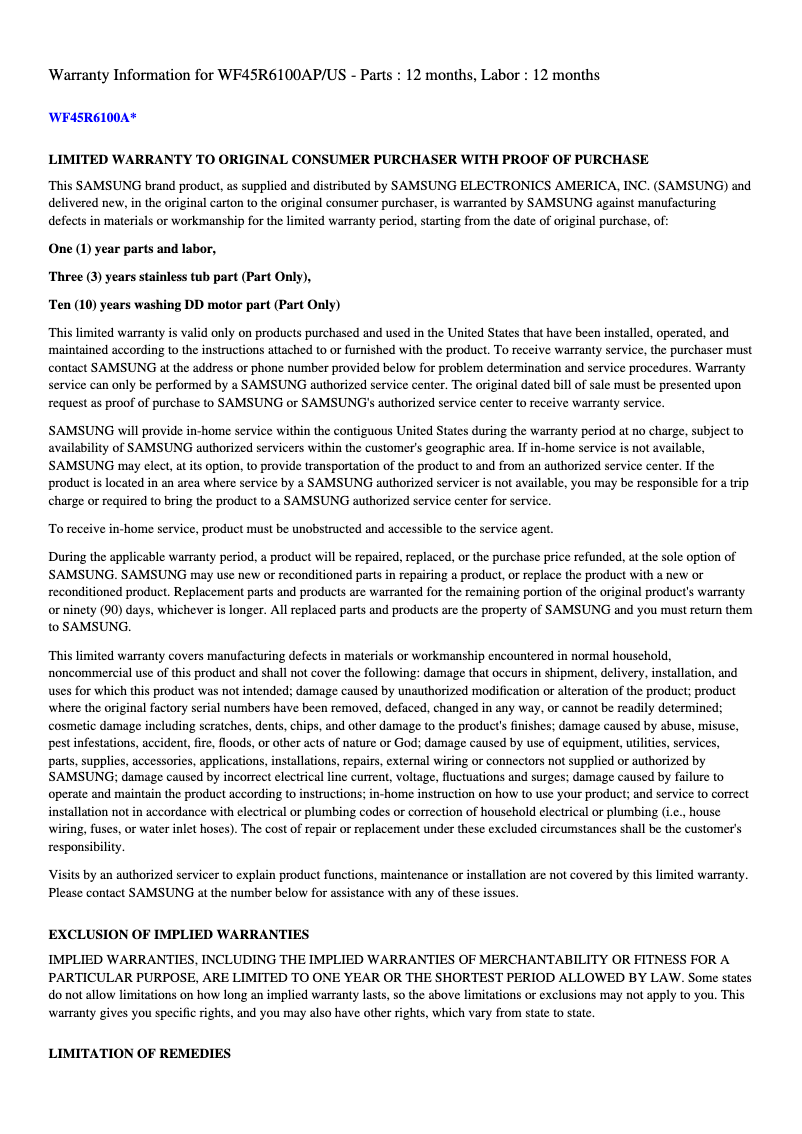 Page 1 of the manual Warranty Information Samsung WF45R6100AP