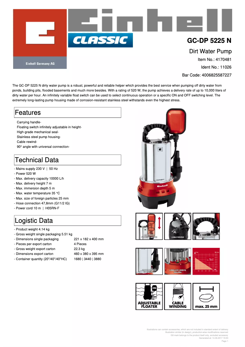 Page 1 of the manual Technical Sheet Einhell GC-DP 5225 N