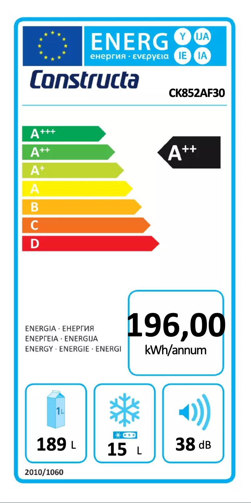 Page 1 of the manual Energy Label Constructa CK852AF30