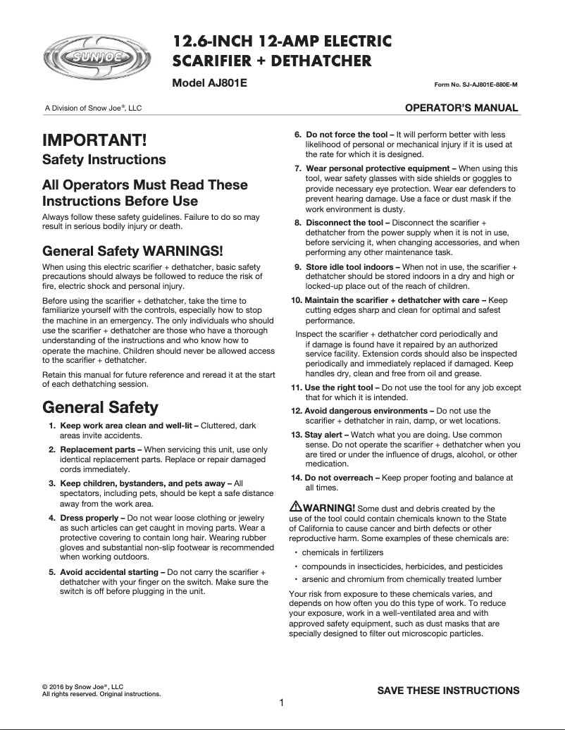 Page 1 of the manual User Manual Sun Joe AJ801E