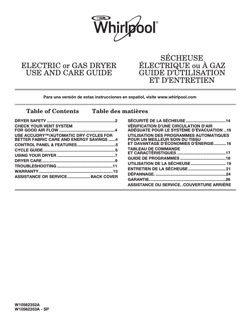 Page 1 of the manual Use and Maintenance Manual Whirlpool WED4985E