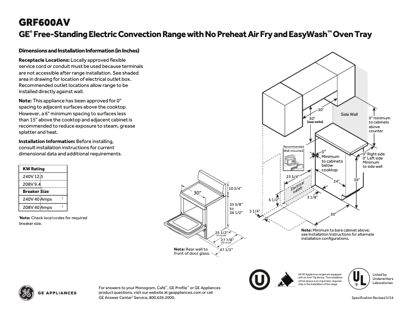 Page 1 of the manual Technical Sheet GE GRF600AVFS
