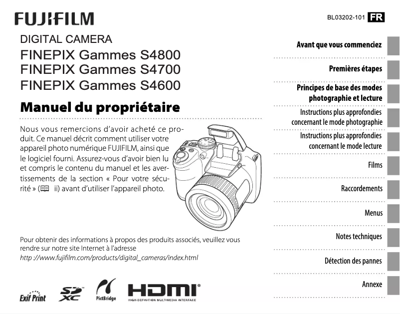 Page 1 de la notice Manuel utilisateur Fujifilm FinePix S4600