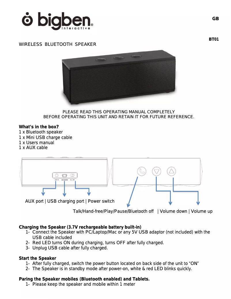 Page 1 of the manual User Manual Bigben BT01