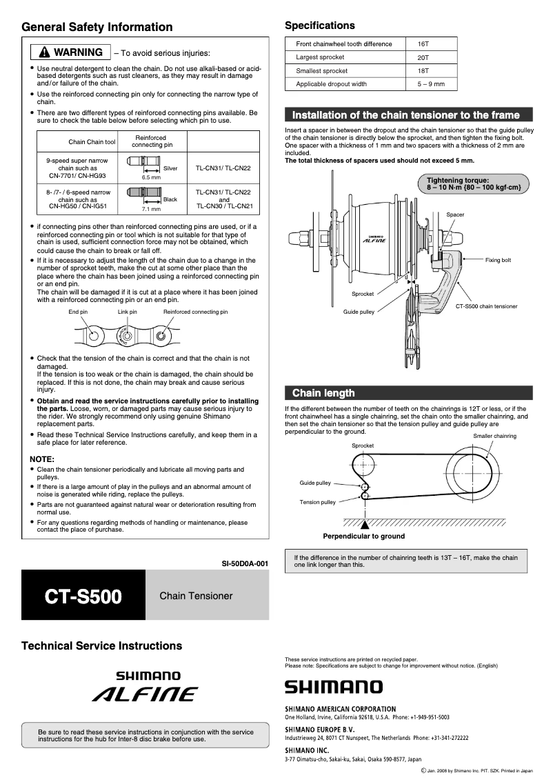 Page 1 of the manual User Manual Shimano CT-S500