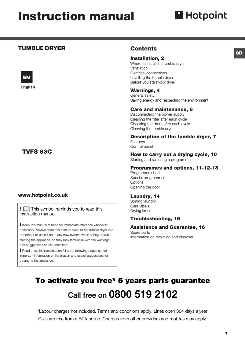 First page image of the manual for TVFS 83C GP Aquarius