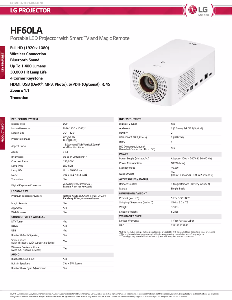First page image of the manual for HF60LA
