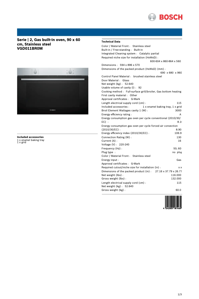 Page 1 of the manual Technical Sheet Bosch VGD011BR0M