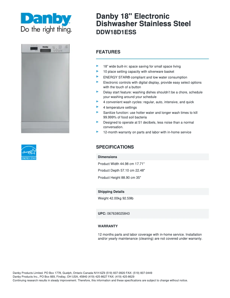 First page image of the manual for DDW18D1ESS