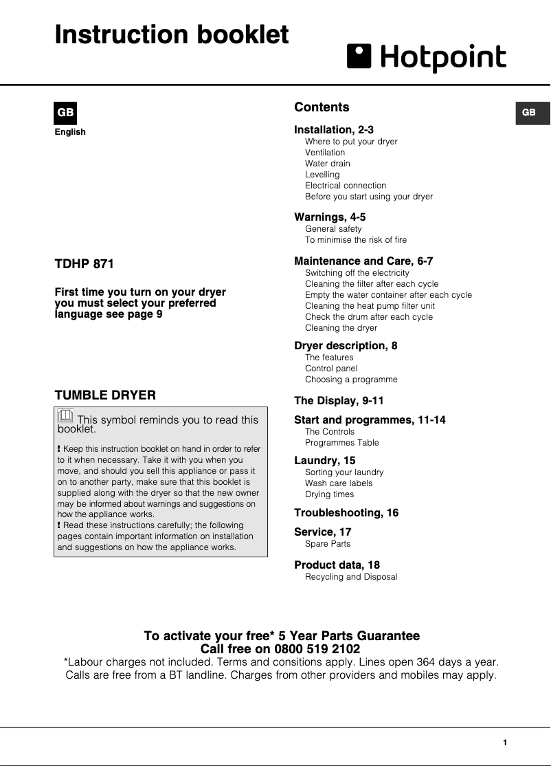 Page 1 of the manual User Manual Hotpoint TDHP 871 RP