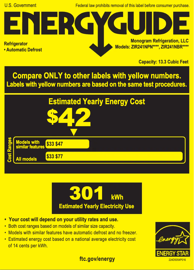 Page 1 of the manual Energy Label Monogram ZIR241NBRII