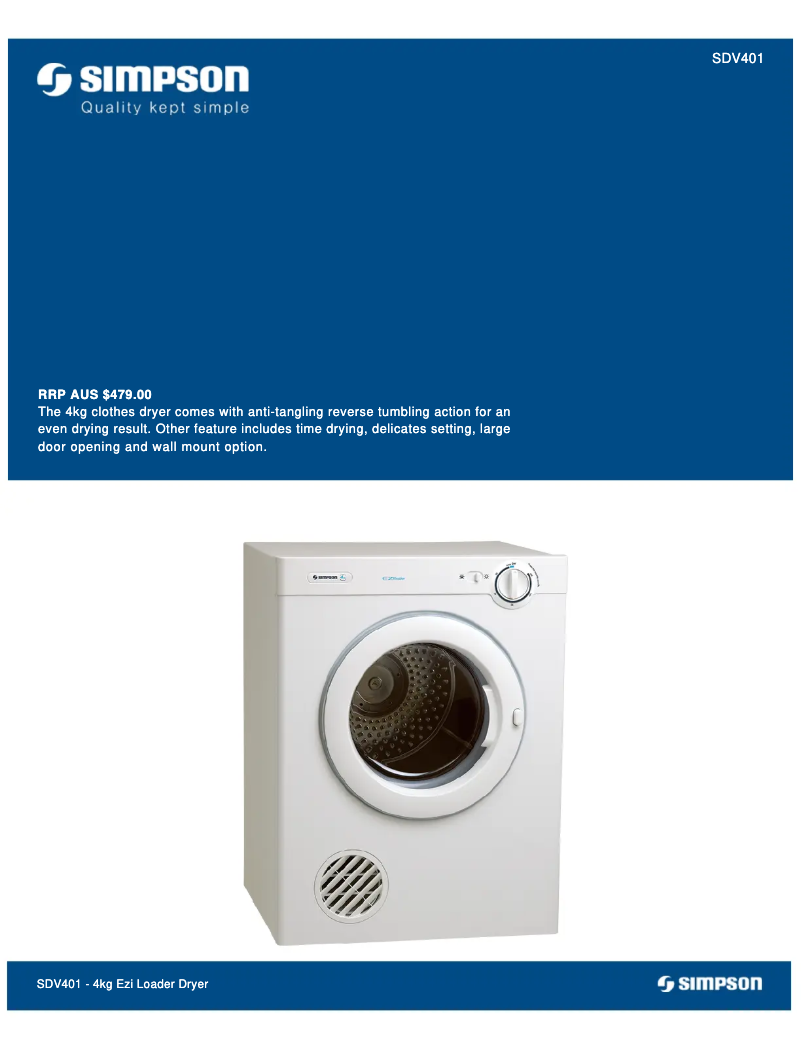 Page 1 of the manual Technical Sheet Simpson SDV401