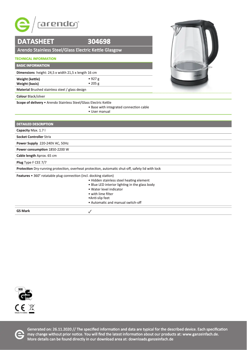Page 1 of the manual Technical Sheet Arendo Glasgow 304698