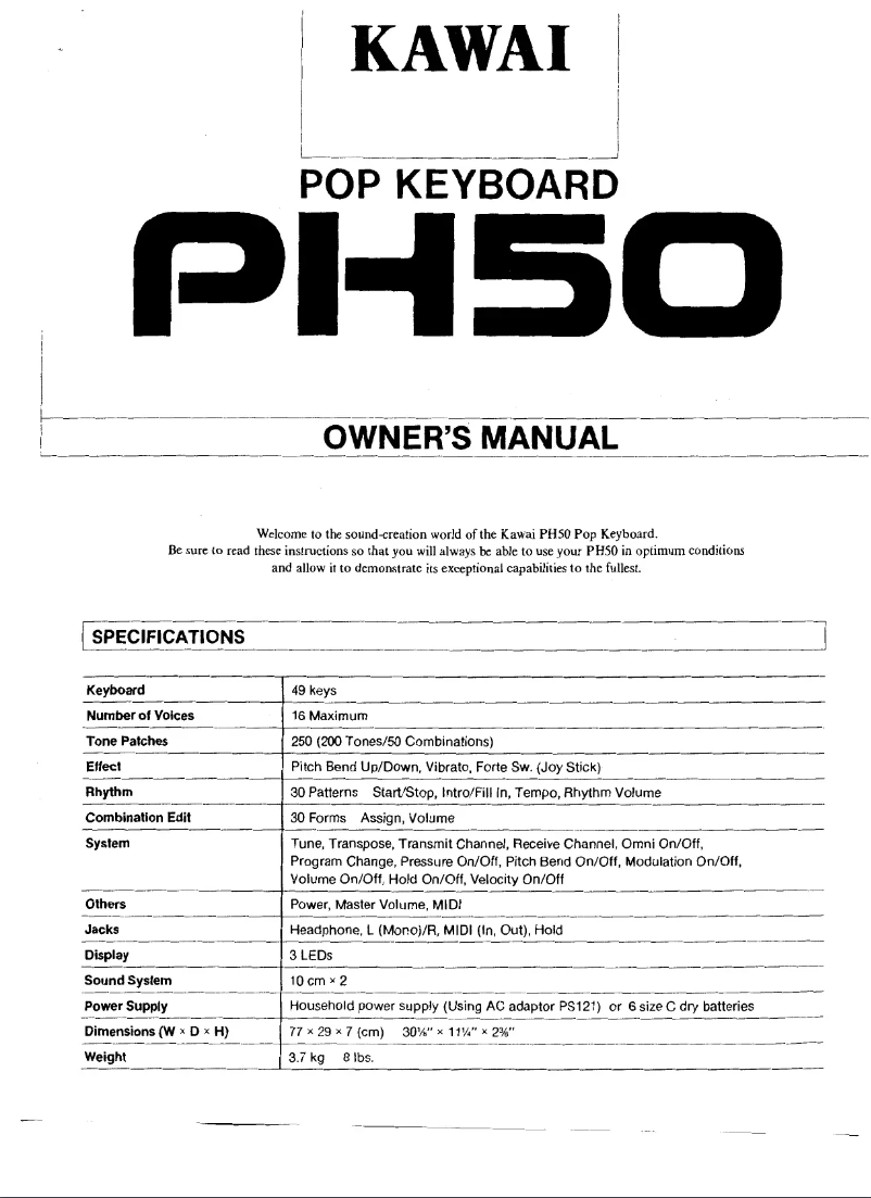 Page 1 de la notice Manuel utilisateur Kawai PH50