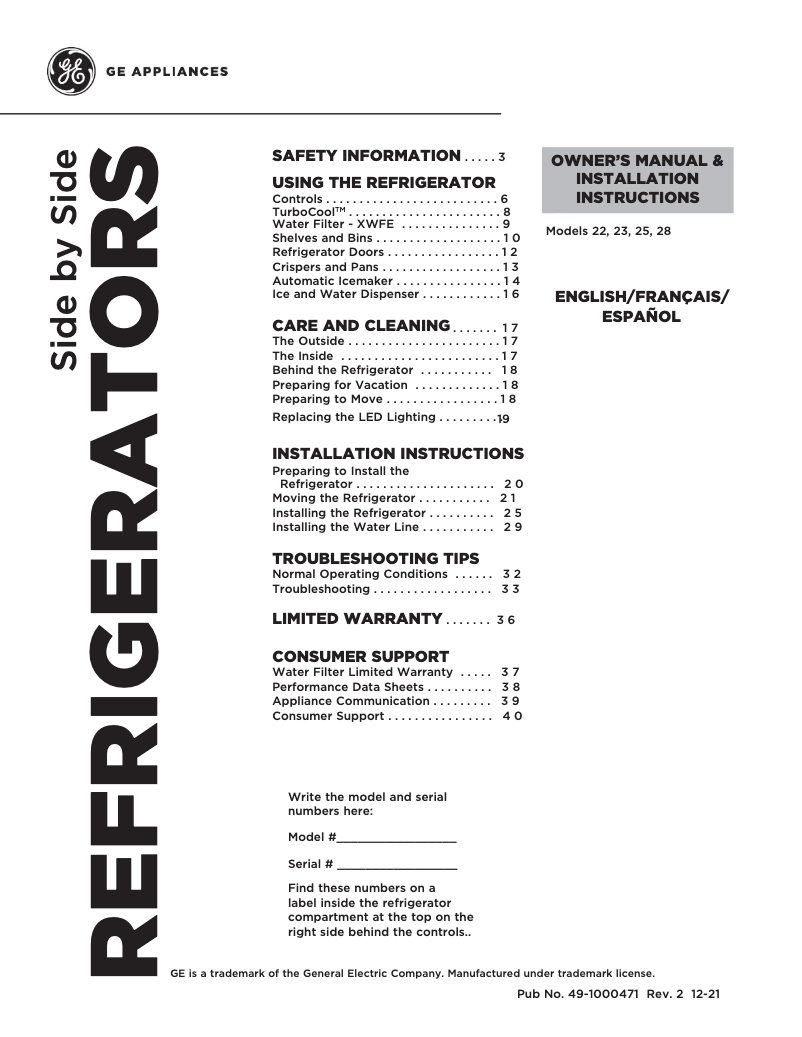 Page 1 of the manual Installation Guide GE Profile PZS22MYKFS