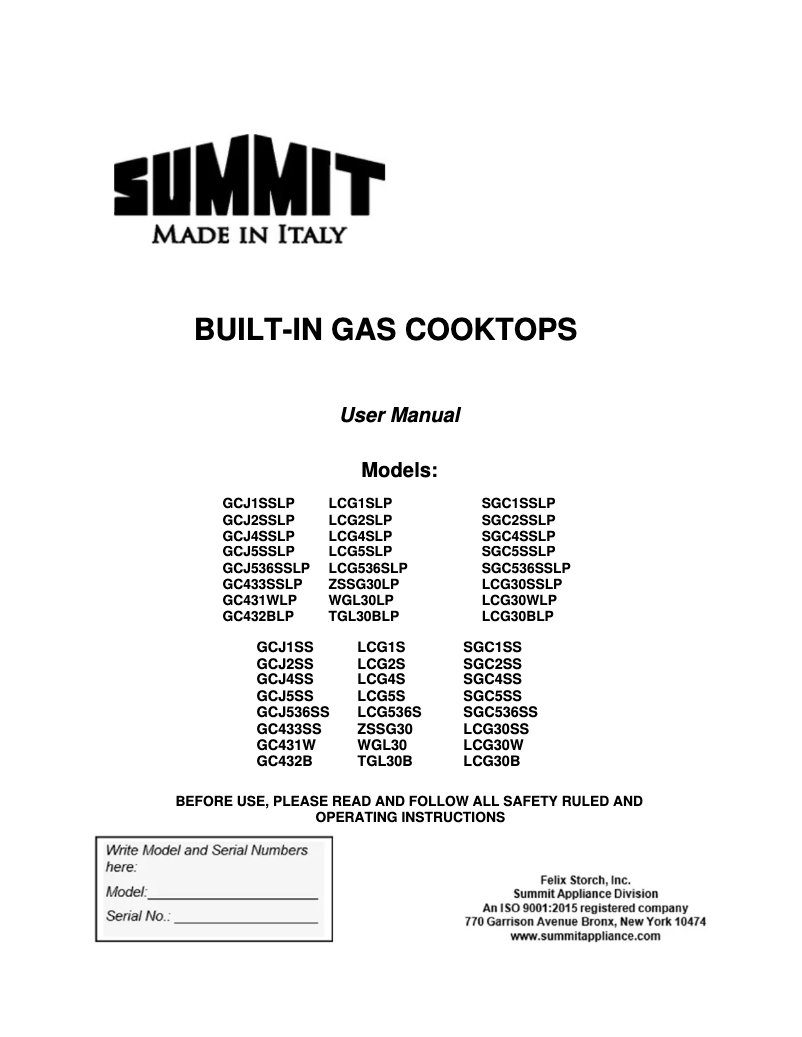 Page 1 of the manual Use and Maintenance Manual Summit GCJ1SS