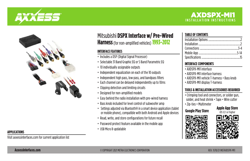 First page image of the manual for AXDSPX-MI1