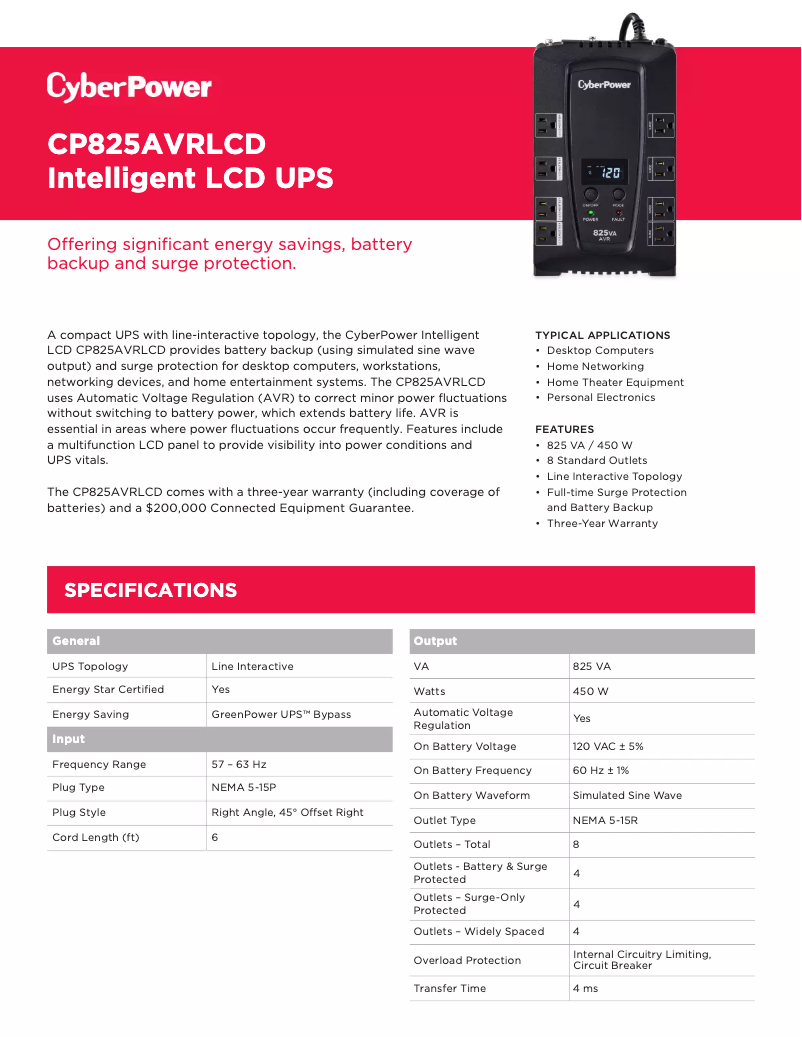 Page 1 de la notice Fiche technique CyberPower CP825LCD