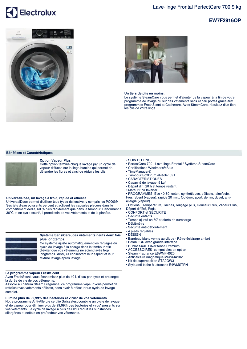 Page 1 of the manual Technical Sheet Electrolux EW7F2916OP