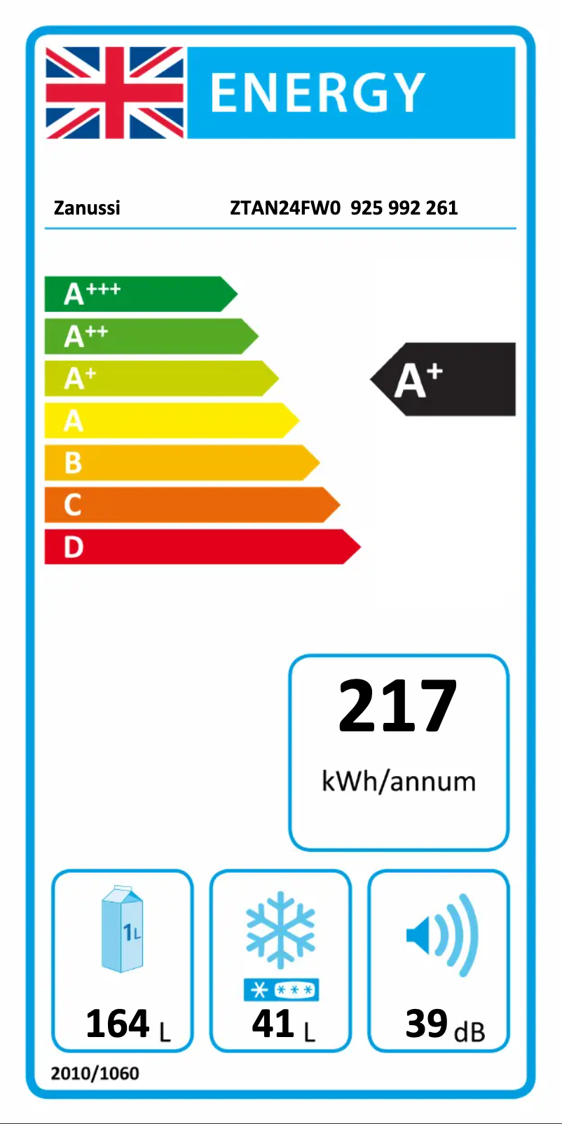 Page 1 of the manual Energy Label Zanussi ZTAN24FW0