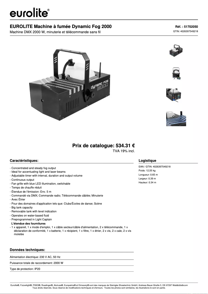Page 1 of the manual Technical Sheet Eurolite Dynamic Fog 2000