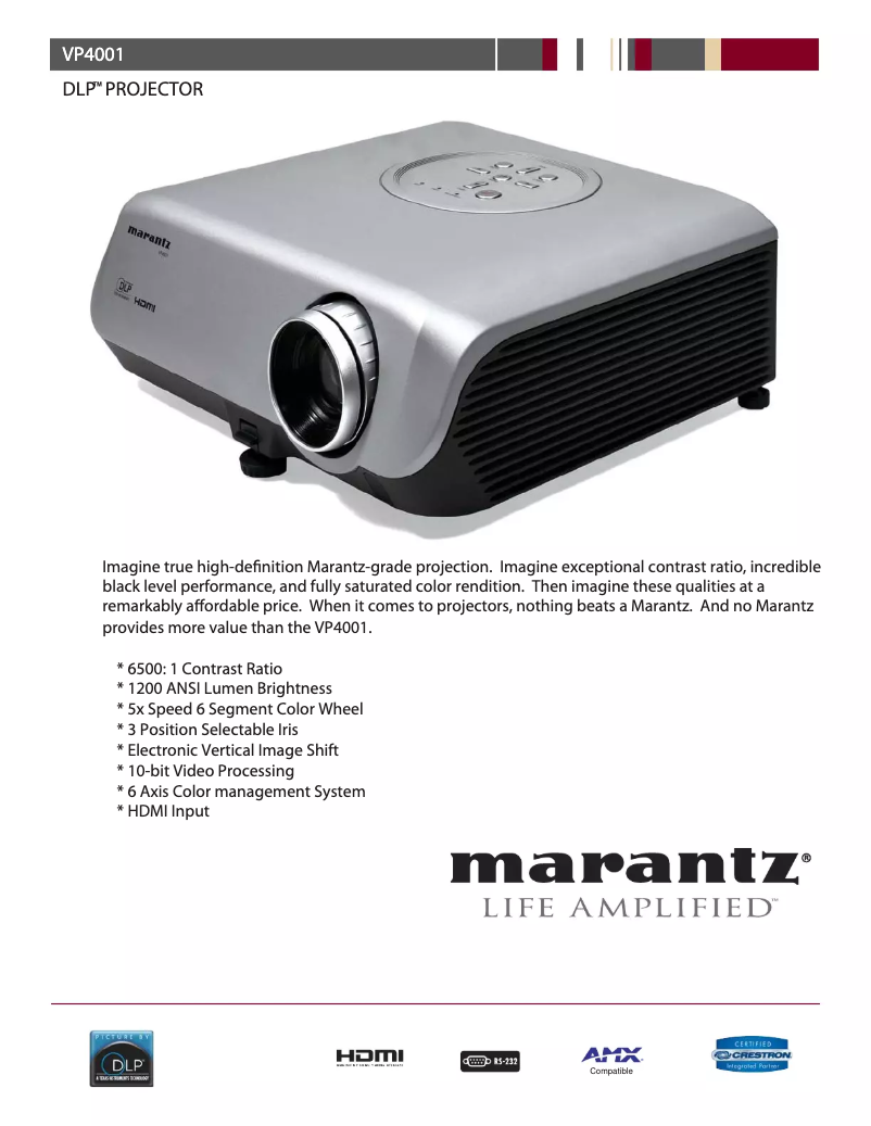 Page 1 of the manual Technical Sheet Marantz VP4001
