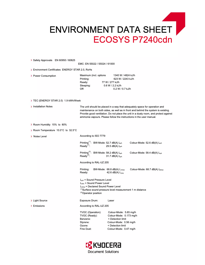 Page 1 of the manual Technical Sheet Kyocera ECOSYS P7240cdn