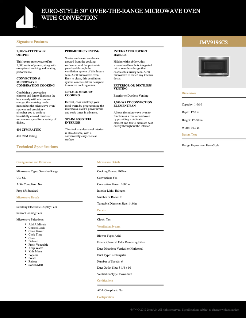 Page 1 of the manual Technical Sheet KitchenAid JMV9196CS