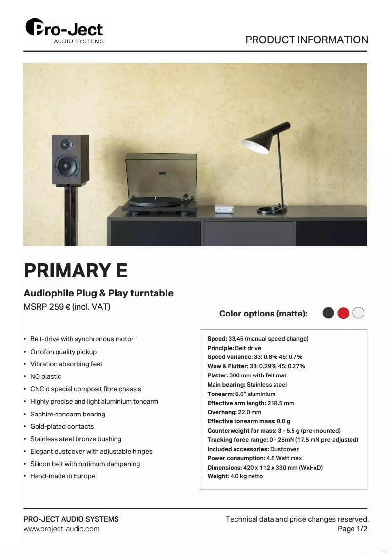 Page 1 of the manual Technical Sheet Pro-Ject Primary E