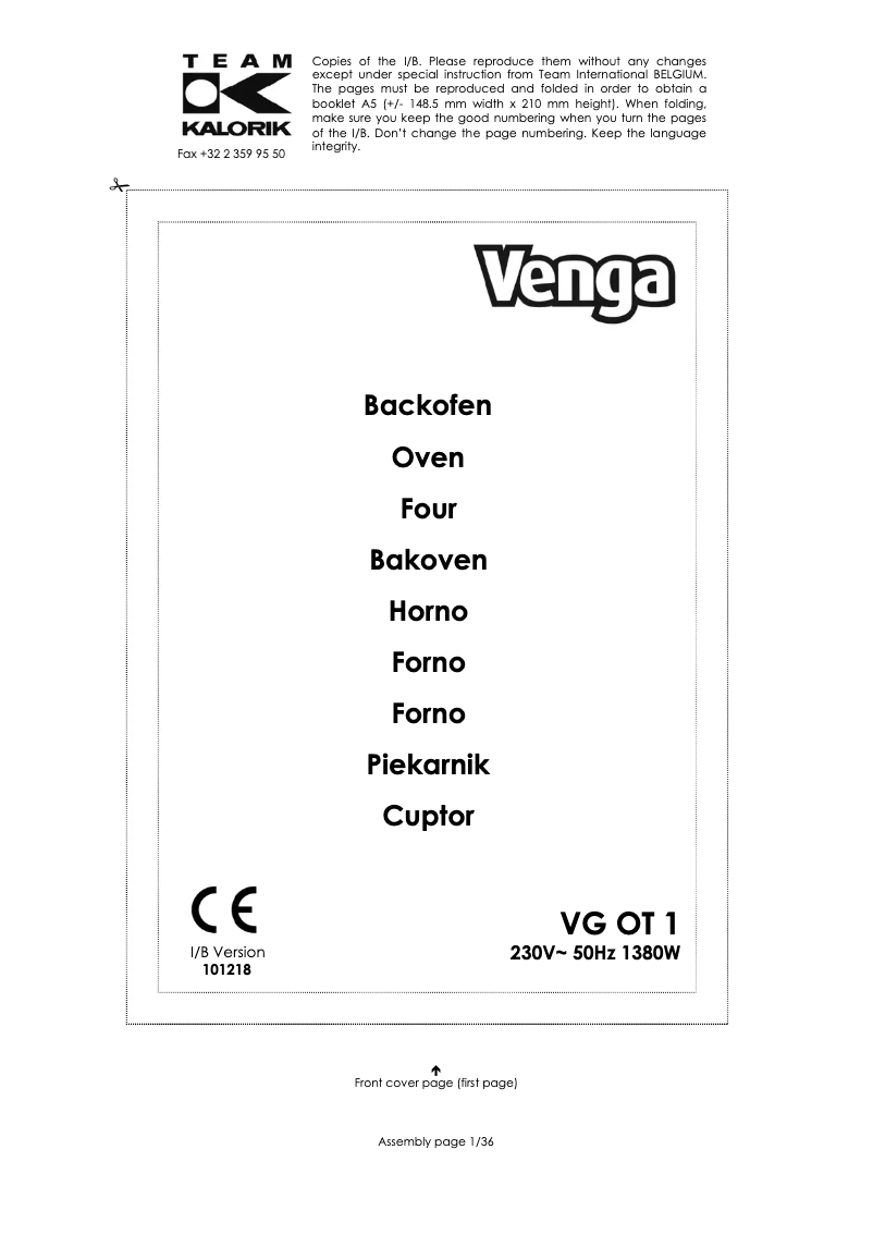 First page image of the manual for VG OT 1