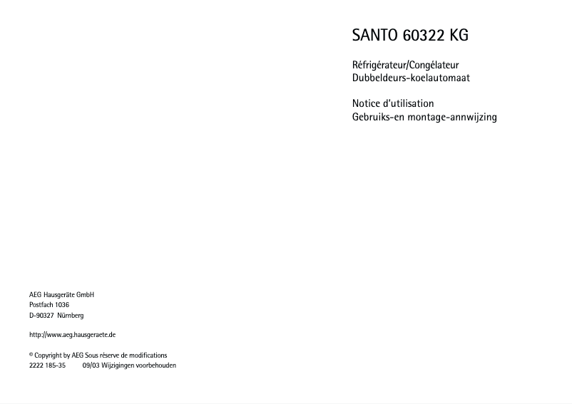 Page 1 de la notice Manuel utilisateur AEG-Electrolux 60322 KG