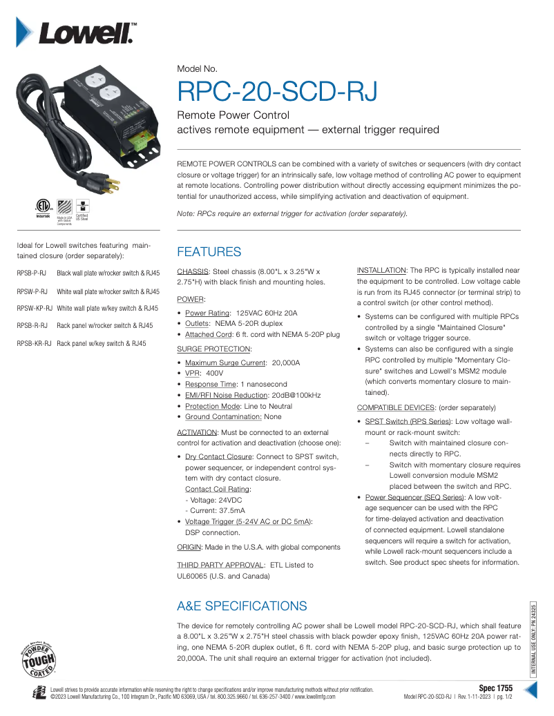 Page 1 of the manual User Manual Lowell RPC-20-SCD-RJ