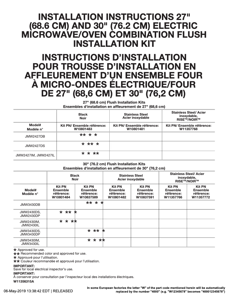 Page 1 of the manual Instructions / Assembly JennAir JMW3430IM