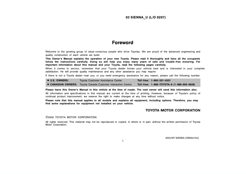 First page image of the manual for Sienna (2003)
