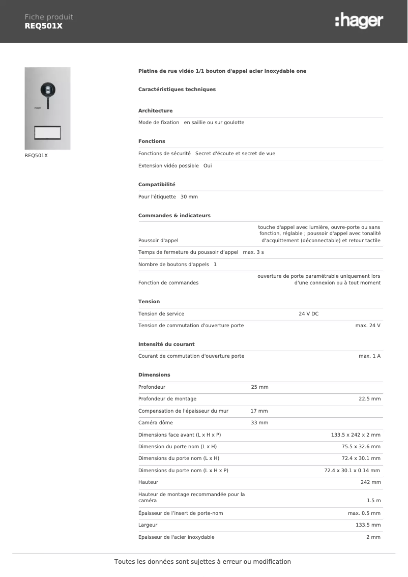 Page 1 of the manual Technical Sheet Hager REQ501X