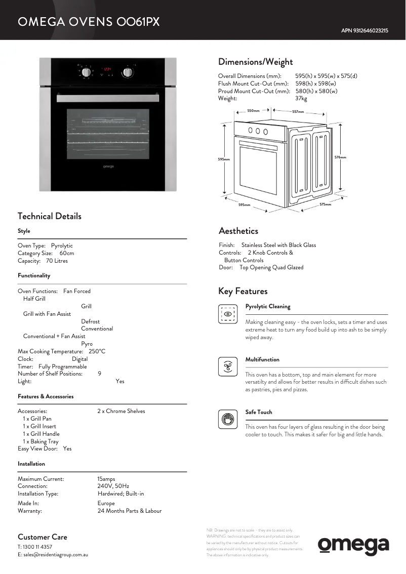 Page 1 of the manual Technical Sheet Omega OO61PX