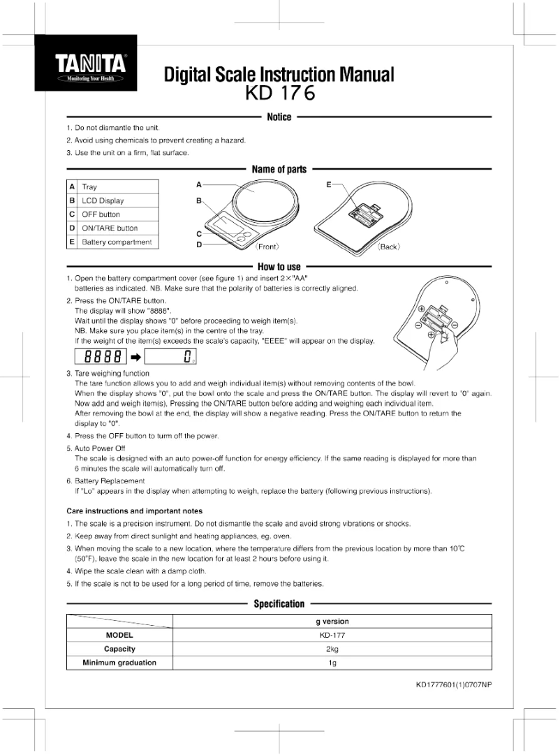 Page 1 of the manual User Manual Tanita KD-176