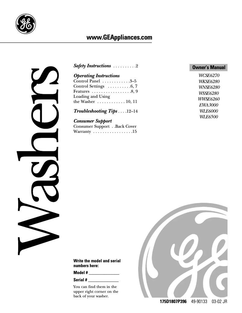 First page image of the manual for EWA3000BWW