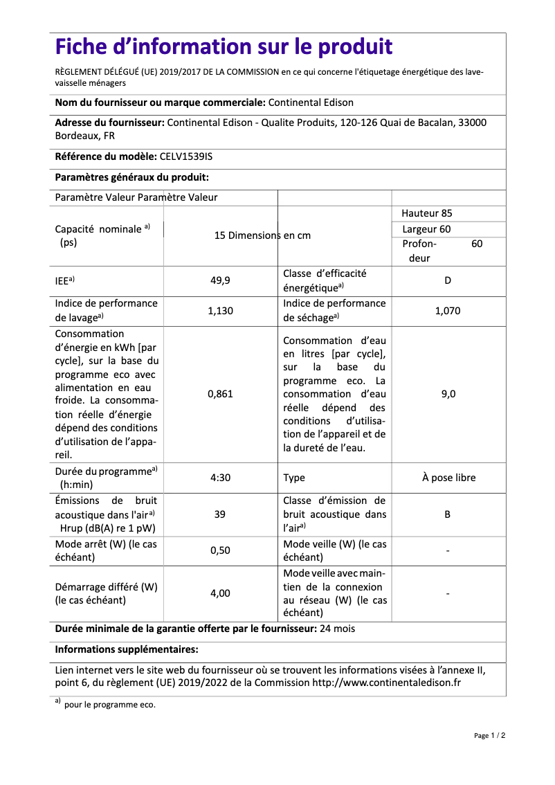 Page 1 of the manual Energy Label Continental Edison CELV1539IB