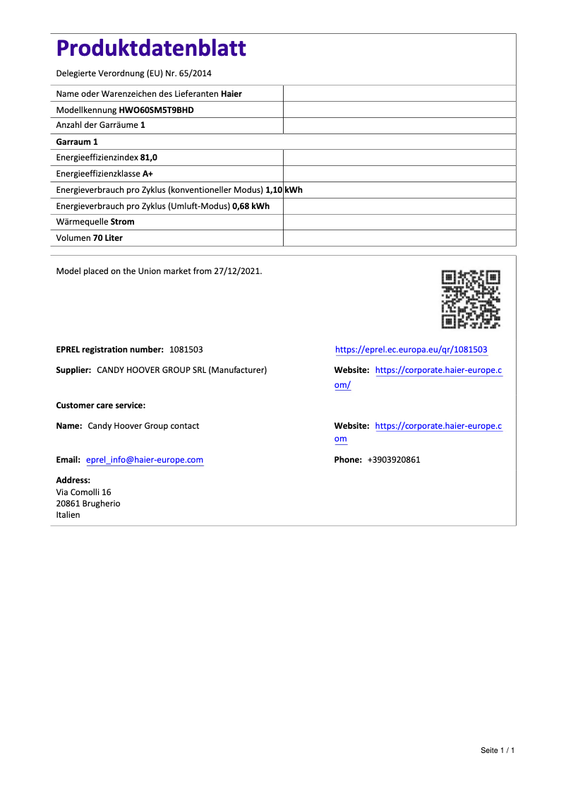 Page 1 of the manual Technical Sheet Haier HWO60SM5T9BHD
