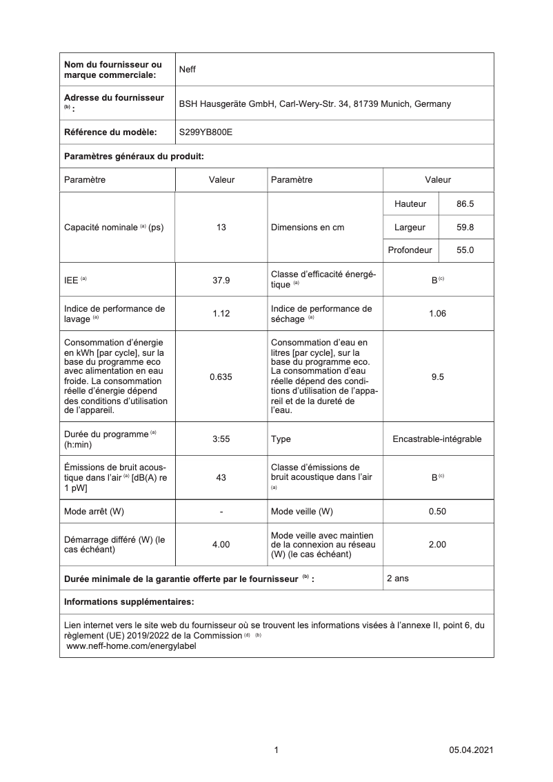 Page 1 of the manual Energy Label Neff S299YB800E