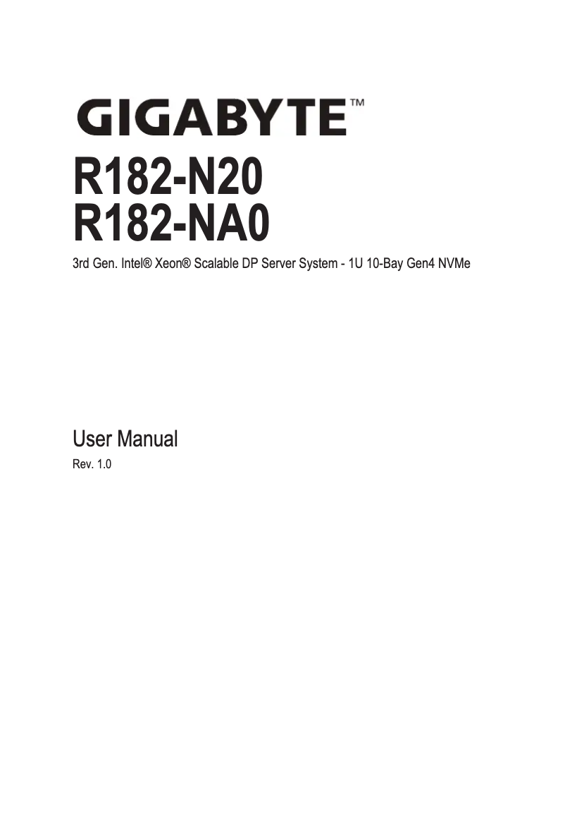 Page 1 of the manual User Manual Gigabyte R182-NA0