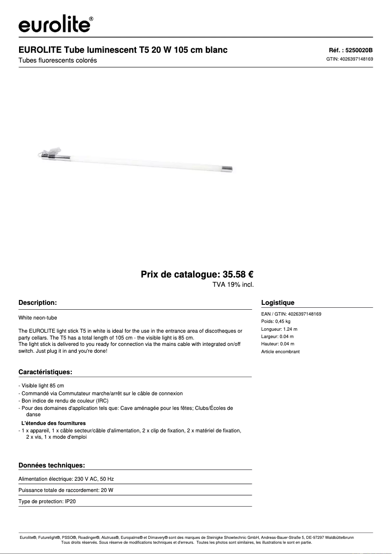 Page 1 of the manual Technical Sheet Eurolite Neon Stick T5