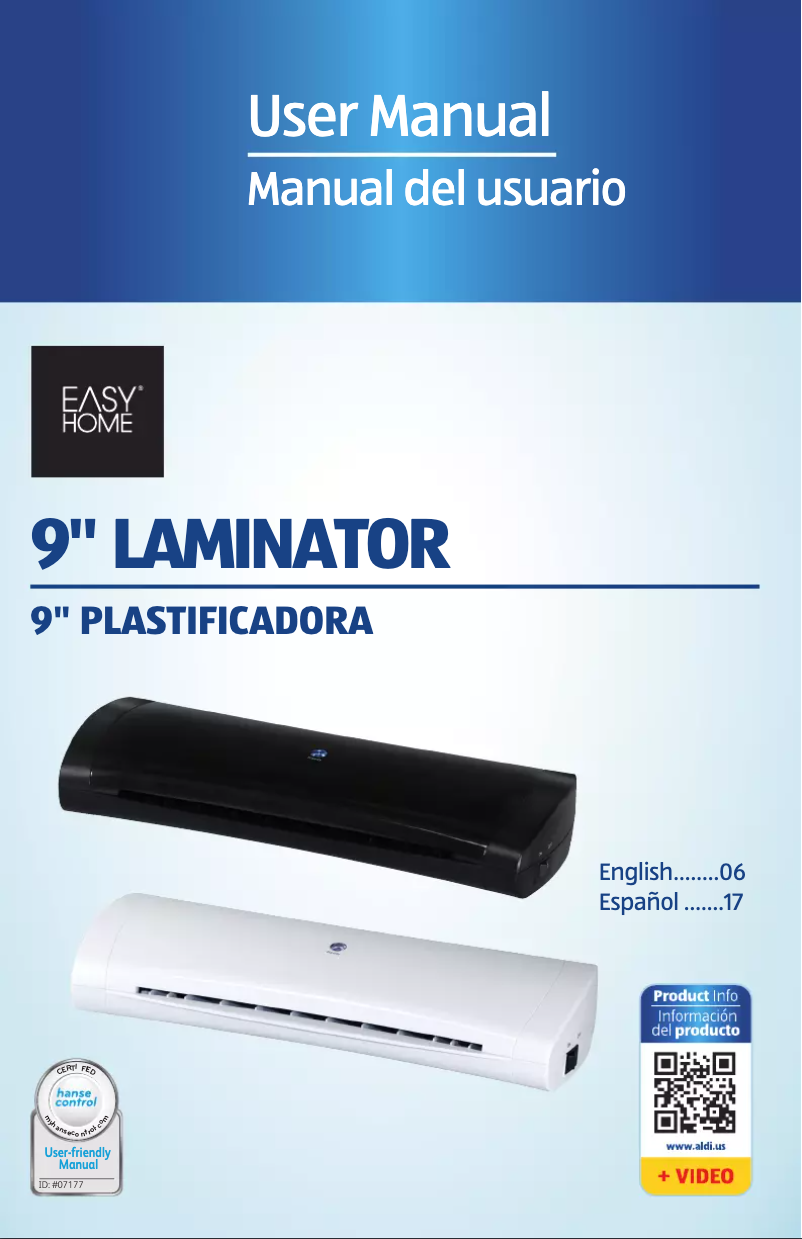 Page 1 of the manual User Manual Easy Home 9'' Laminator OL 250-L