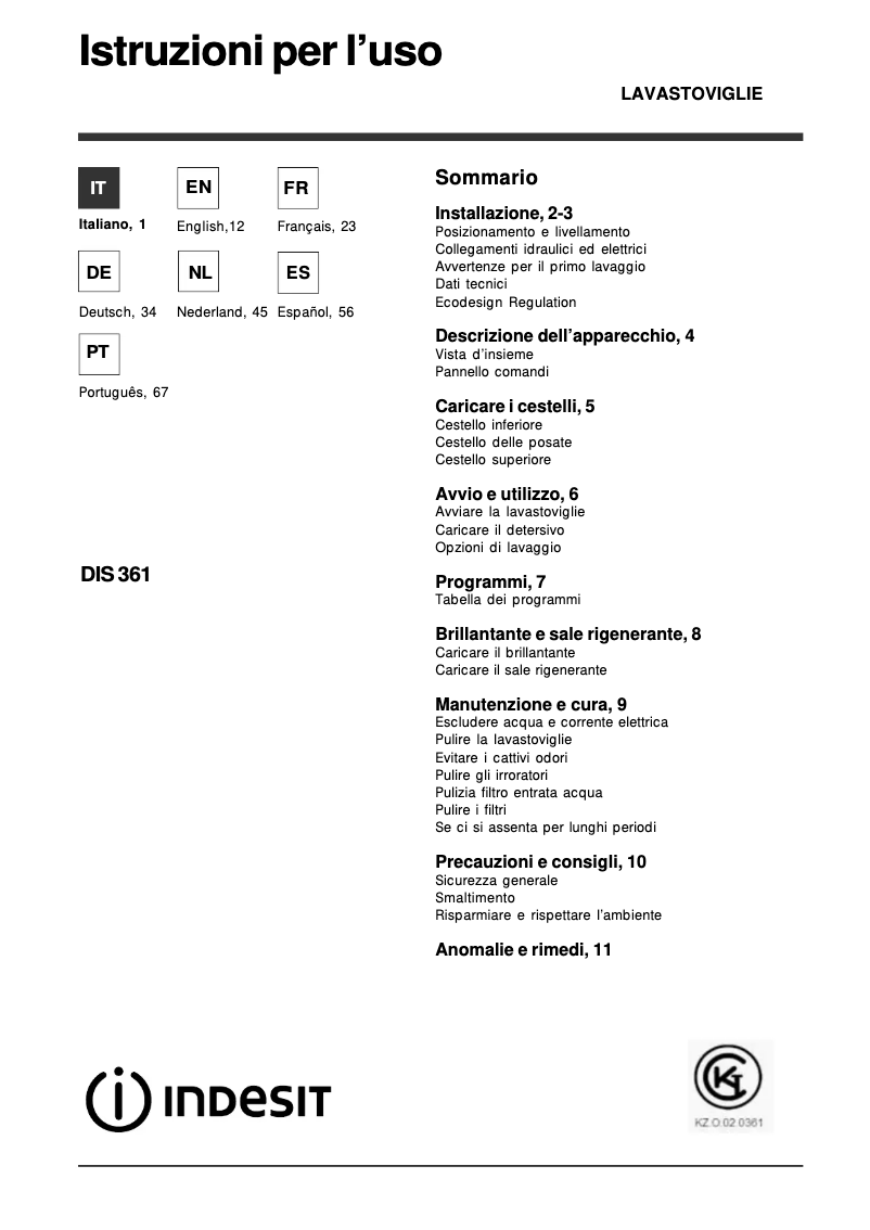 Page 1 of the manual User Manual Indesit DIS 361
