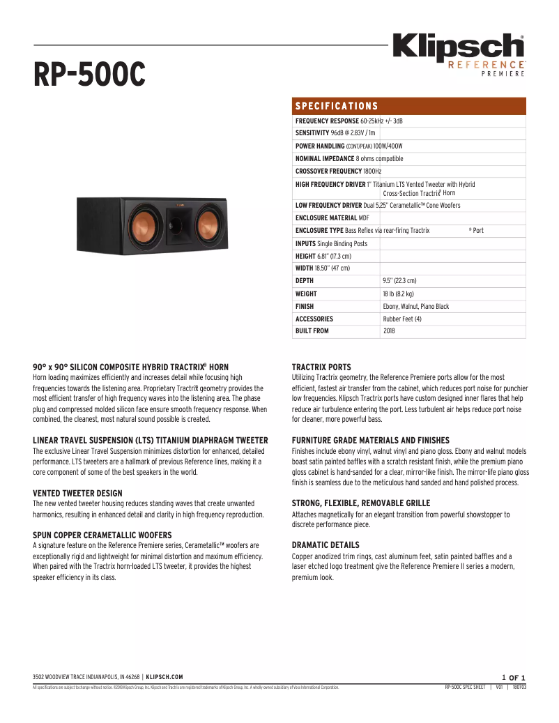 Page 1 of the manual Technical Sheet Klipsch Reference Premiere RP-500C