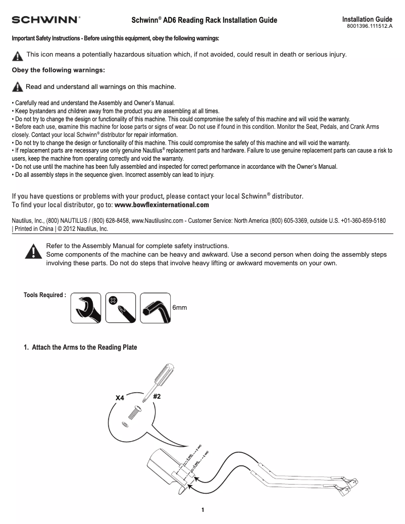 Page 1 of the manual Installation Guide Schwinn Airdyne AD6