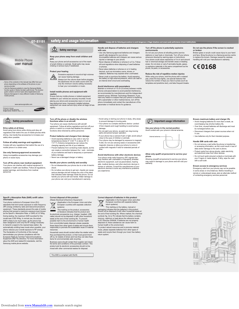 Page 1 of the manual User Manual Samsung GT-E1151
